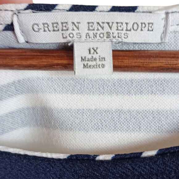 Green Envelope 1X Nautical White Blue Striped Blouse 3/4 Bell Sleeve Coastal Top - Picture 7 of 8